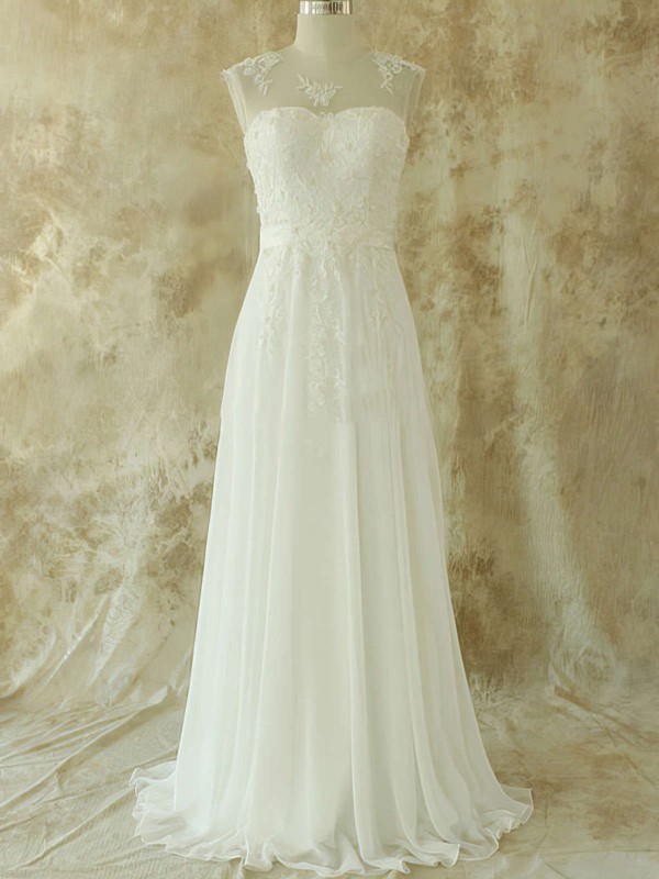 Sweep Train Scoop Neck Ivory Chiffon with Appliques Lace Prettiest Wedding Dresses #PDS00020582