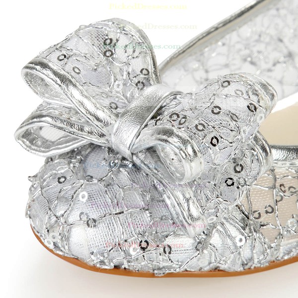 Women's Silver Real Leather Flats with Bowknot/Sequin #PDS03030383