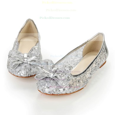 Women's Silver Real Leather Flats with Bowknot/Sequin #PDS03030383