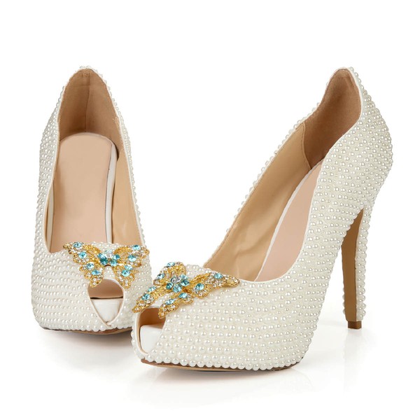Women's Ivory Patent Leather Pumps with Rhinestone/Pearl #PDS03030398