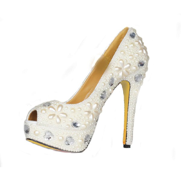 Women's Ivory Patent Leather Pumps with Crystal Heel/Pearl #PDS03030424