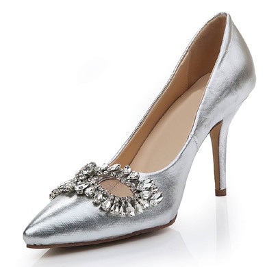 Women's Silver Real Leather Pumps with Rhinestone/Hollow-out #PDS03030468