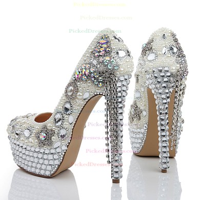 Women's White Patent Leather Platform with Crystal/Crystal Heel/Tassel #PDS03030474