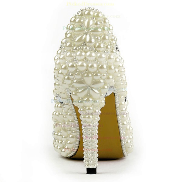 Women's Ivory Patent Leather Pumps with Rhinestone/Imitation Pearl #PDS03030495
