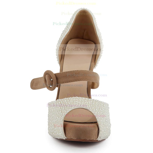 Women's Ivory Suede Pumps with Buckle/Imitation Pearl #PDS03030499