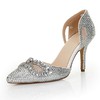 Women's Silver Satin Pumps with Crystal/Crystal Heel/Hollow-out #PDS03030555