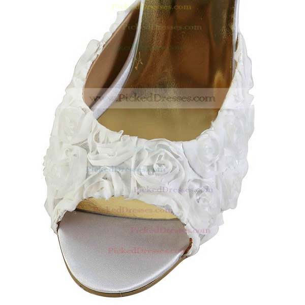 Women's White Satin Pumps with Flower #PDS03030605