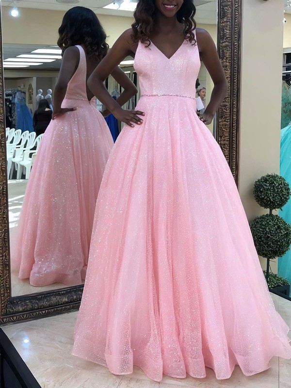 Princess V-neck Floor-length Glitter Beading Prom Dresses #PDS020106507