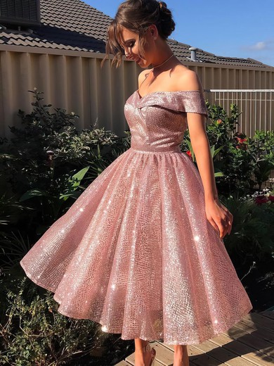 A-line Off-the-shoulder Glitter Tea-length Short Prom Dresses #PDS020106510