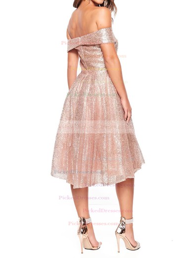 A-line Off-the-shoulder Tea-length Glitter Prom Dresses #PDS020106510