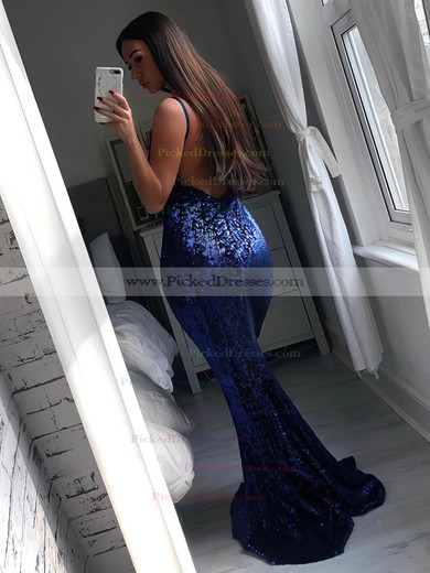 Trumpet/Mermaid V-neck Sweep Train Sequined Prom Dresses #PDS020106514