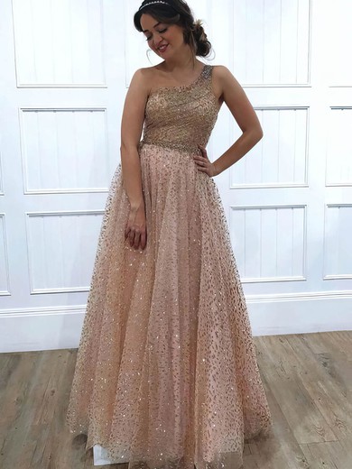 A-line One Shoulder Floor-length Glitter Beading Prom Dresses #PDS020106516