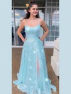 A-line Square Neckline Floor-length Sequined Split Front Prom Dresses #PDS020106518