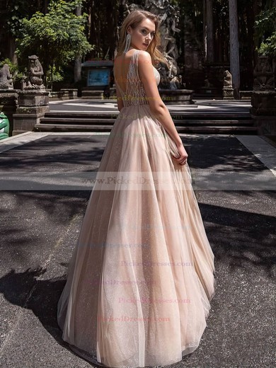Princess V-neck Floor-length Tulle Glitter Beading Prom Dresses #PDS020106519