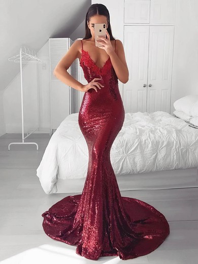 Trumpet/Mermaid V-neck Sweep Train Sequined Appliques Lace Prom Dresses #PDS020106523