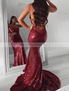 Trumpet/Mermaid V-neck Sweep Train Sequined Appliques Lace Prom Dresses #PDS020106523