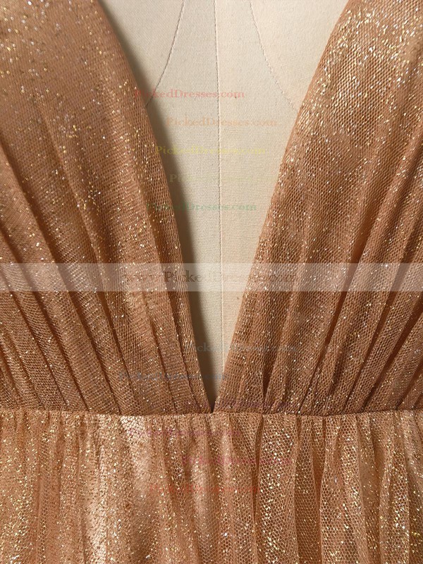 A-line V-neck Sweep Train Glitter Prom Dresses #PDS020106528