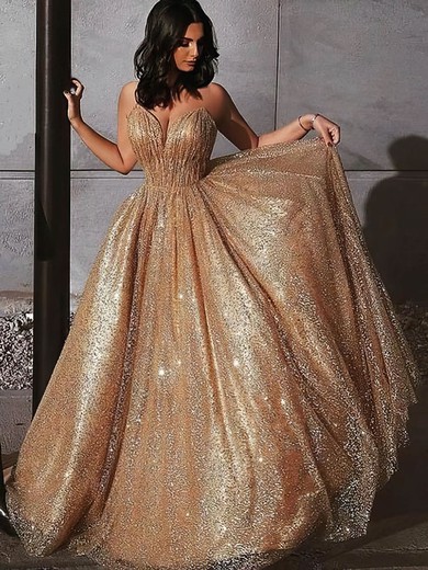 Princess V-neck Sweep Train Glitter Prom Dresses #PDS020106532