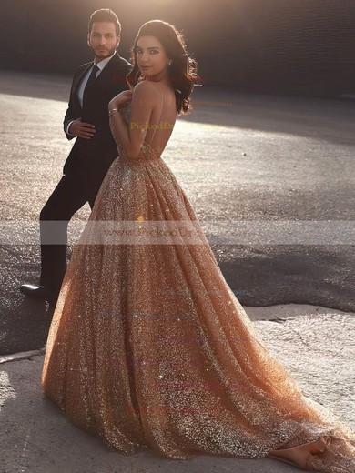 Princess V-neck Sweep Train Glitter Prom Dresses #PDS020106532