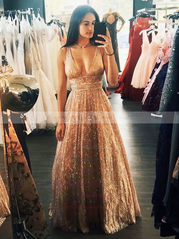 Princess V-neck Floor-length Glitter Beading Prom Dresses #PDS020106533