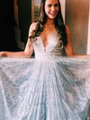 Princess V-neck Floor-length Glitter Beading Prom Dresses #PDS020106533