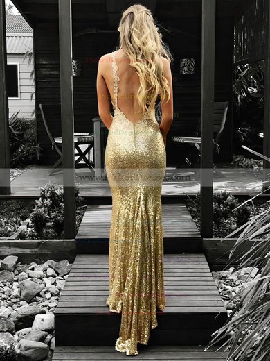 Trumpet/Mermaid V-neck Floor-length Sequined Appliques Lace Prom Dresses #PDS020106539