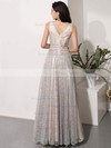 A-line V-neck Floor-length Glitter Beading Prom Dresses #PDS020106543