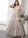 A-line V-neck Floor-length Glitter Beading Prom Dresses #PDS020106543