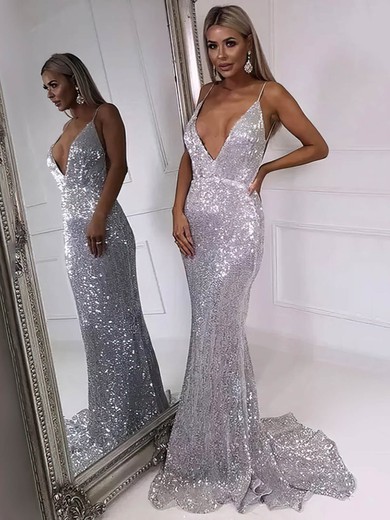 Trumpet/Mermaid V-neck Sweep Train Sequined Prom Dresses #PDS020106546