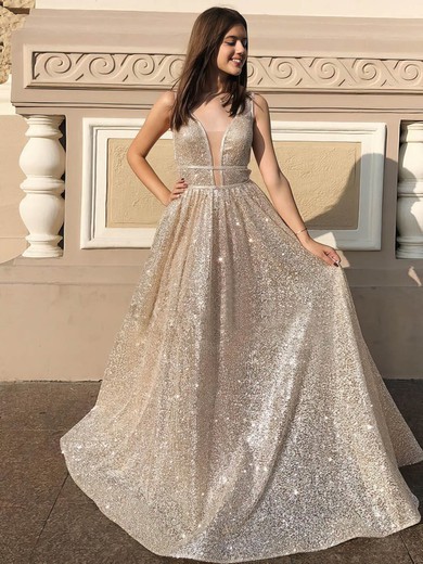 Princess V-neck Floor-length Sequined Prom Dresses #PDS020106548