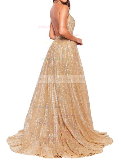 A-line Halter Floor-length Shimmer Crepe Prom Dresses #PDS020106550