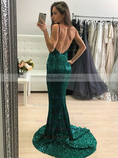 Trumpet/Mermaid V-neck Sweep Train Sequined Prom Dresses #PDS020106551