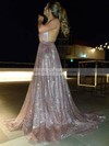 A-line V-neck Glitter Sweep Train Ruffles Prom Dresses #PDS020106556