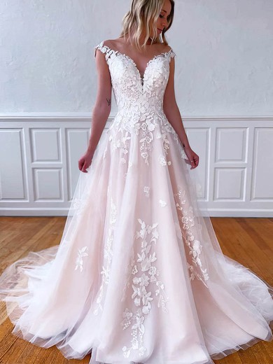 Ball Gown V-neck Sweep Train Tulle Appliques Lace Wedding Dresses #PDS00023542
