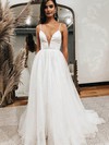A-line V-neck Sweep Train Satin Organza Wedding Dresses #PDS00023544