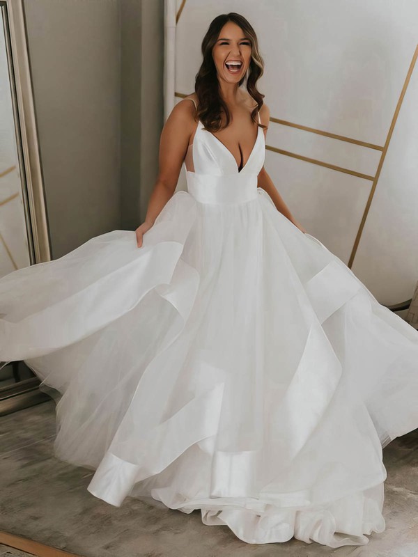 Ball Gown V-neck Sweep Train Satin Organza Wedding Dresses #PDS00023546