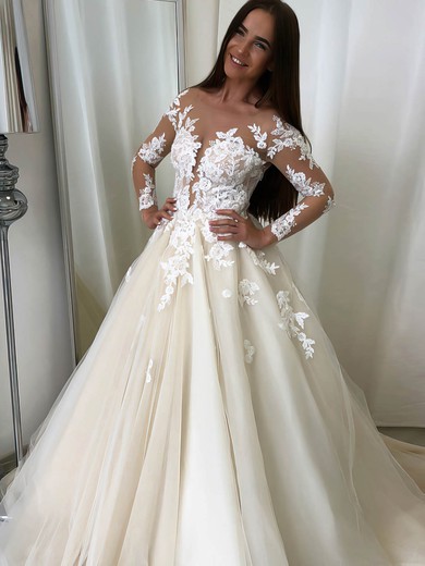 Ball Gown Scoop Neck Sweep Train Tulle Appliques Lace Wedding Dresses #PDS00023549