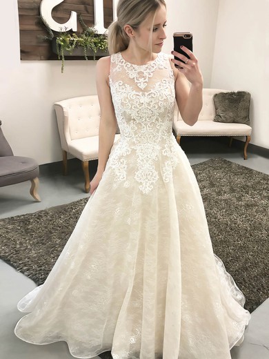 Ball Gown Scoop Neck Sweep Train Lace Appliques Lace Wedding Dresses #PDS00023550