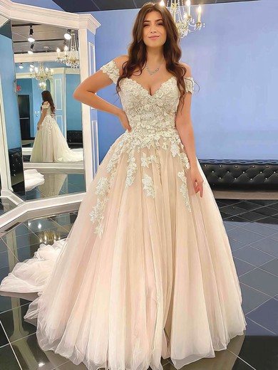 Ball Gown Off-the-shoulder Sweep Train Tulle Appliques Lace Wedding Dresses #PDS00023555