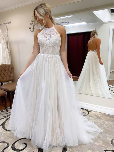 A-line Halter Sweep Train Tulle Lace Wedding Dresses #PDS00023556
