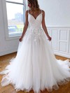 Princess V-neck Sweep Train Tulle Appliques Lace Wedding Dresses #PDS00023560