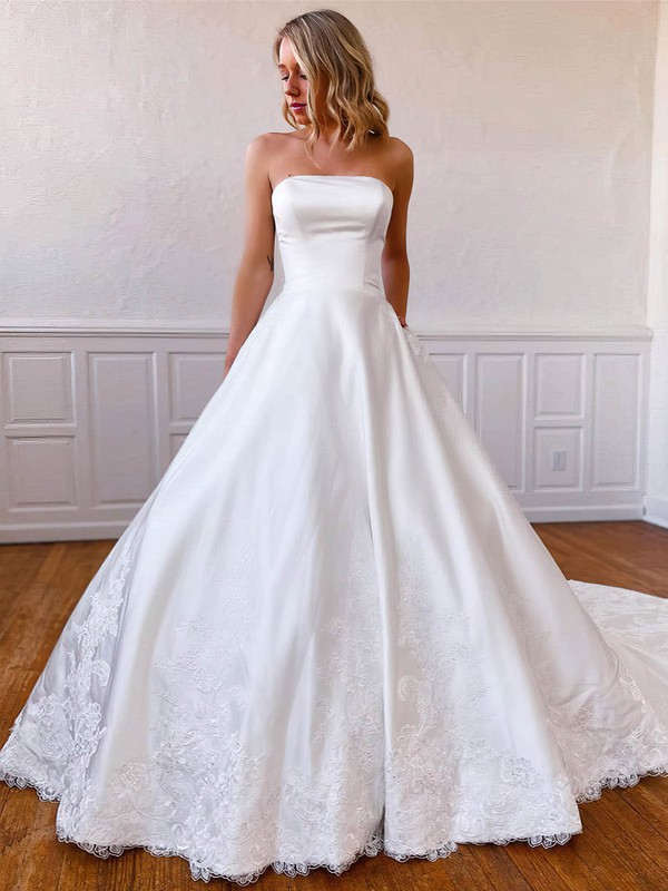 Ball Gown Strapless Chapel Train Satin Appliques Lace Wedding Dresses #PDS00023561