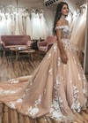 Ball Gown Off-the-shoulder Sweep Train Tulle Appliques Lace Wedding Dresses #PDS00023566