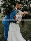 A-line V-neck Floor-length Lace Chiffon Lace Wedding Dresses #PDS00023573