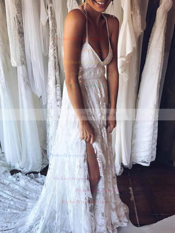 A-line V-neck Sweep Train Lace Split Front Wedding Dresses #PDS00023410