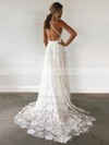 A-line V-neck Sweep Train Lace Split Front Wedding Dresses #PDS00023410