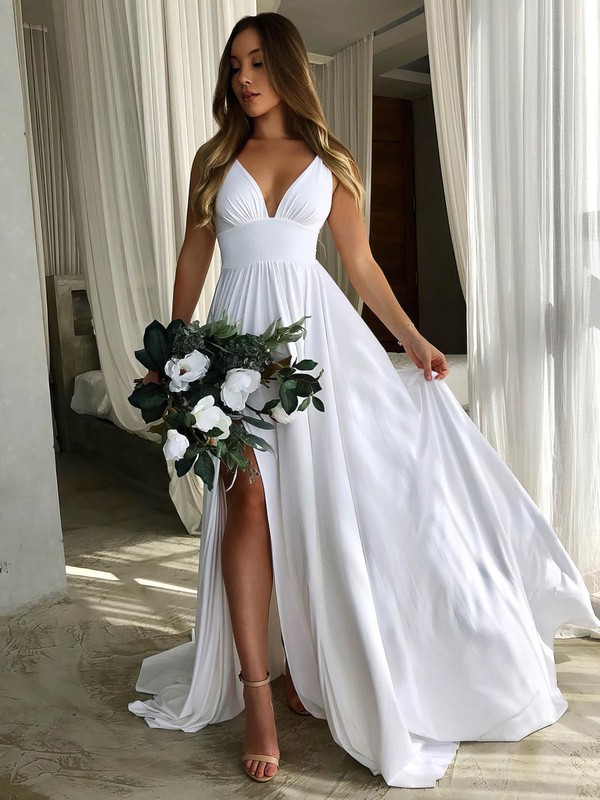 A-line V-neck Sweep Train Silk-like Satin Split Front Wedding Dresses #PDS00023482