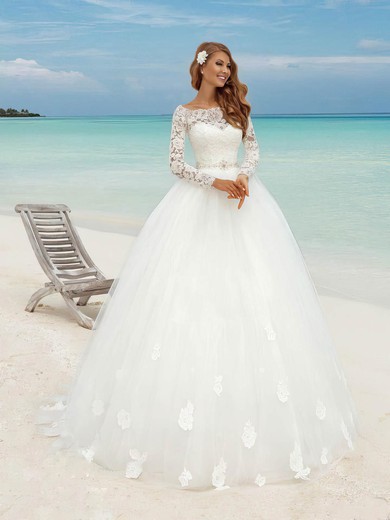 Ball Gown Scoop Neck Sweep Train Lace Tulle Sashes / Ribbons Wedding Dresses #PDS00023483