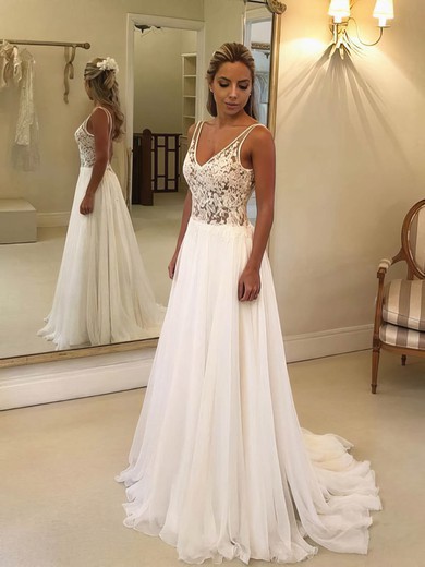 A-line V-neck Sweep Train Chiffon Tulle Appliques Lace Wedding Dresses #PDS00023484