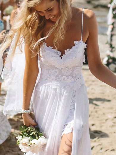 A-line V-neck Floor-length Chiffon Lace Appliques Lace Wedding Dresses #PDS00023485